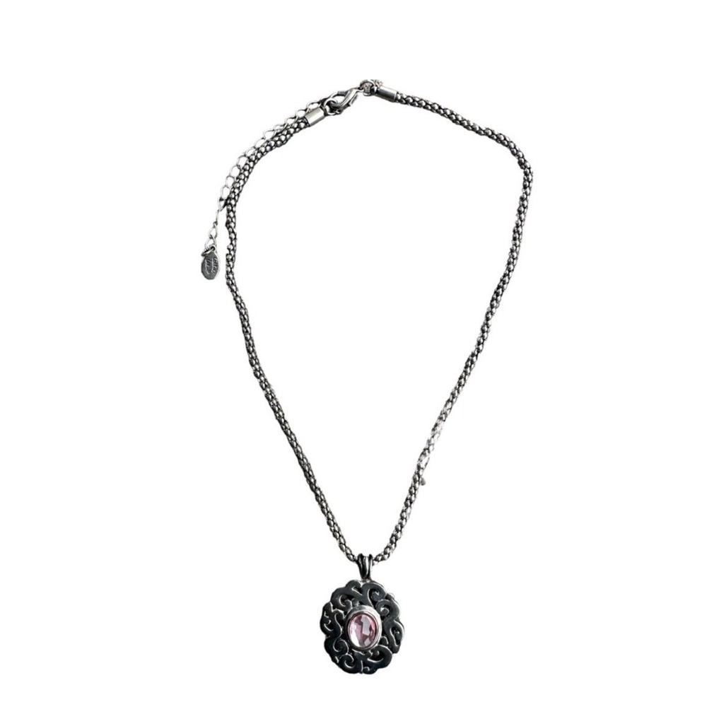 Cookie Lee Necklace Flower Pendant Pink Gemstone Chain Silver Tone Women